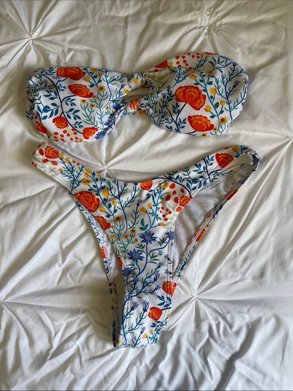Floral Bandeau Bikini Set - White with Orange & Blue Flowers